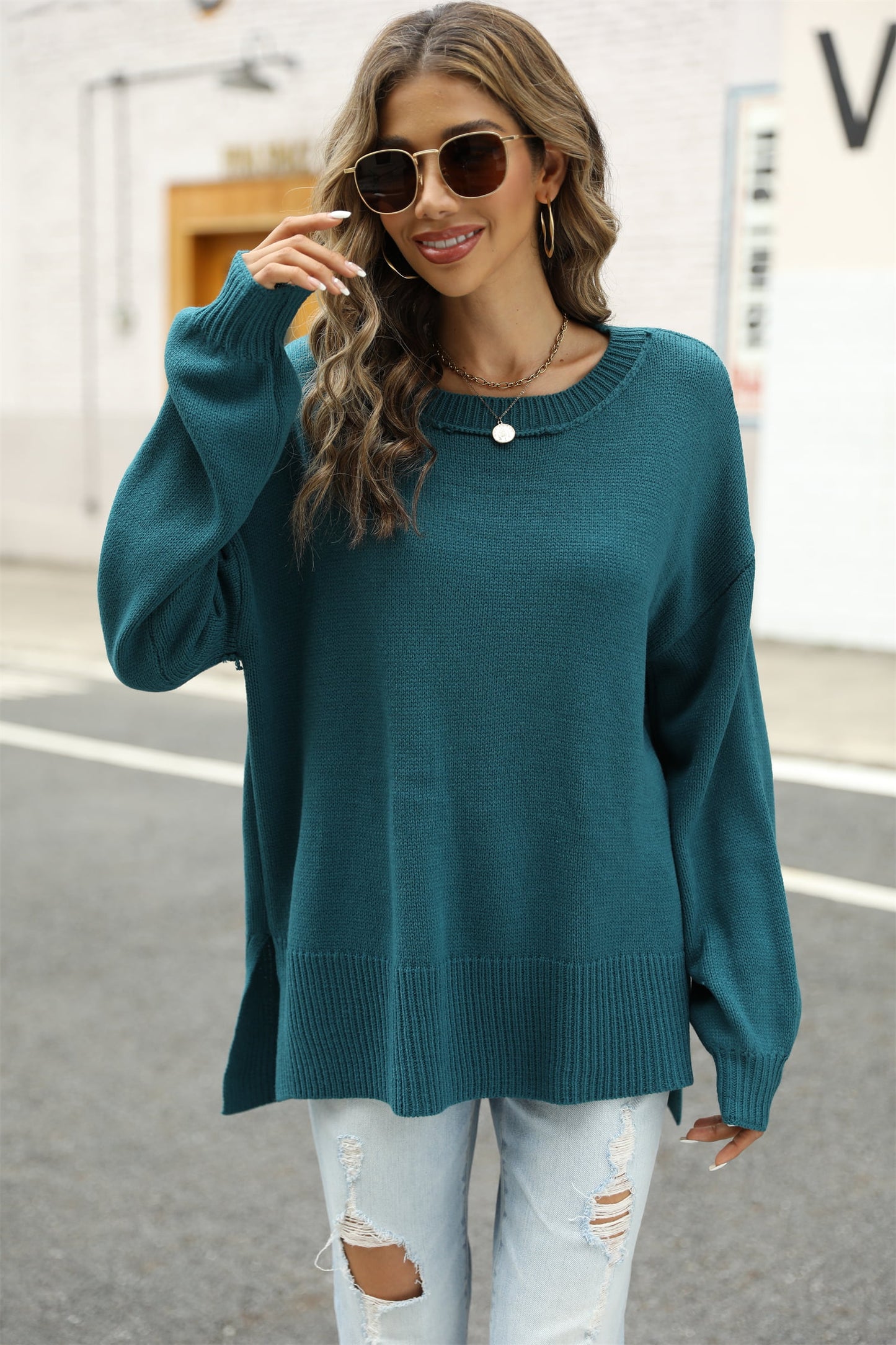 Angel Wings Round Neck Dropped Shoulder Slit Sweater