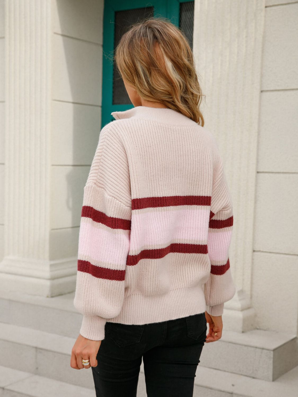 Angel Wings Striped Quarter-Zip Lantern Sleeve Sweater