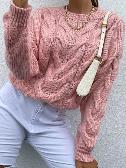 Shiny Cable-Knit Round Neck Long Sleeve Sweater