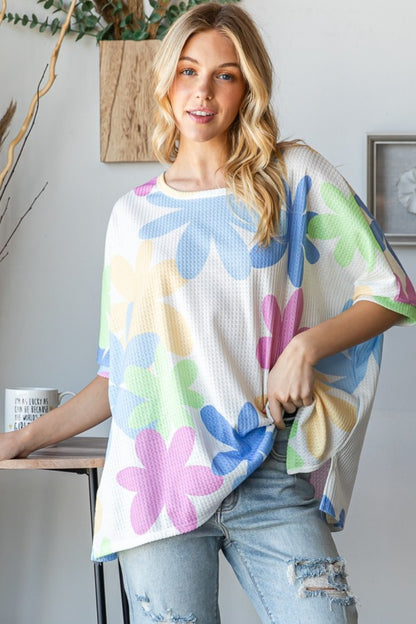 HOPELY Floral Round Neck Waffle T-Shirt