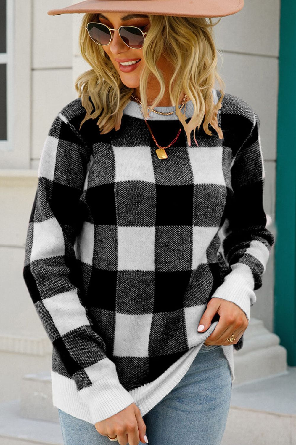 Angel Wings Checkered Ribbed Trim Knit Pullover