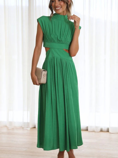 Cutout Mock Neck Sleeveless Ruched Dress