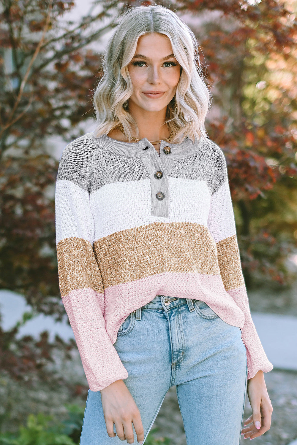 Round Neck Buttoned Long Sleeve Sweater