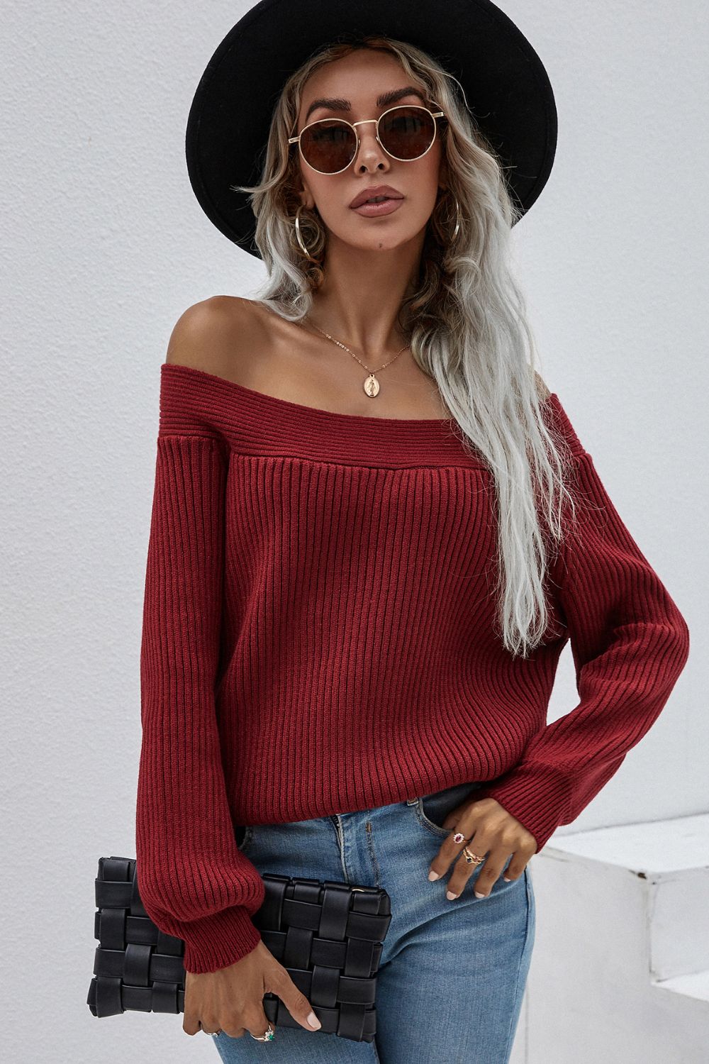 Off-Shoulder Rib-Knit Sweater