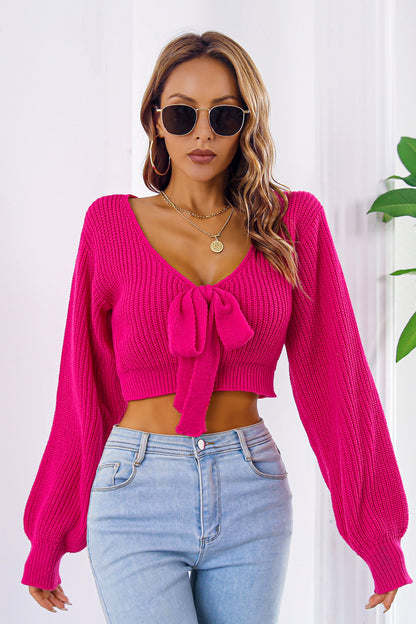 Bow V-Neck Long Sleeve Cropped Sweater