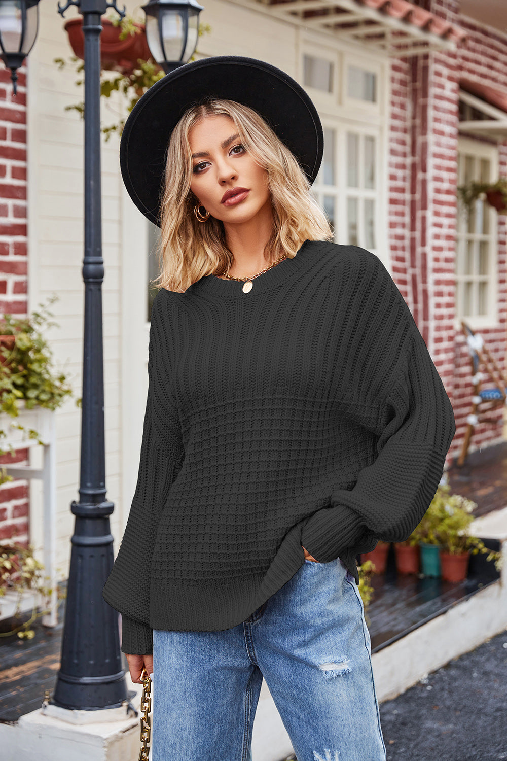 Ribbed Drop Shoulder Lantern Sleeve Sweater