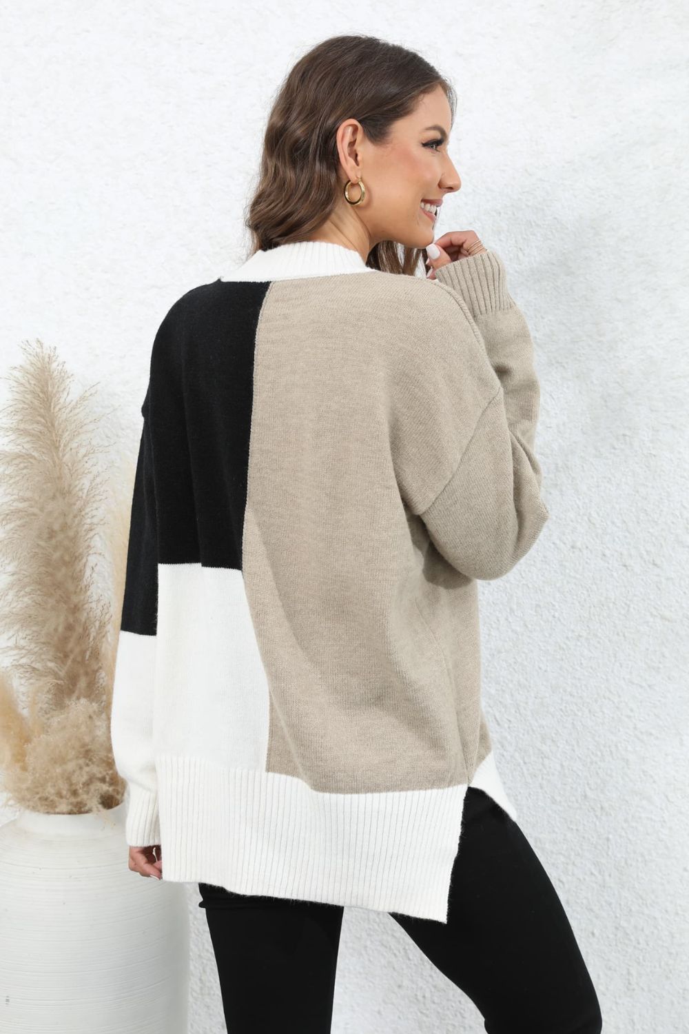 Angel Wings Color Block Crewneck Drop Shoulder Sweater