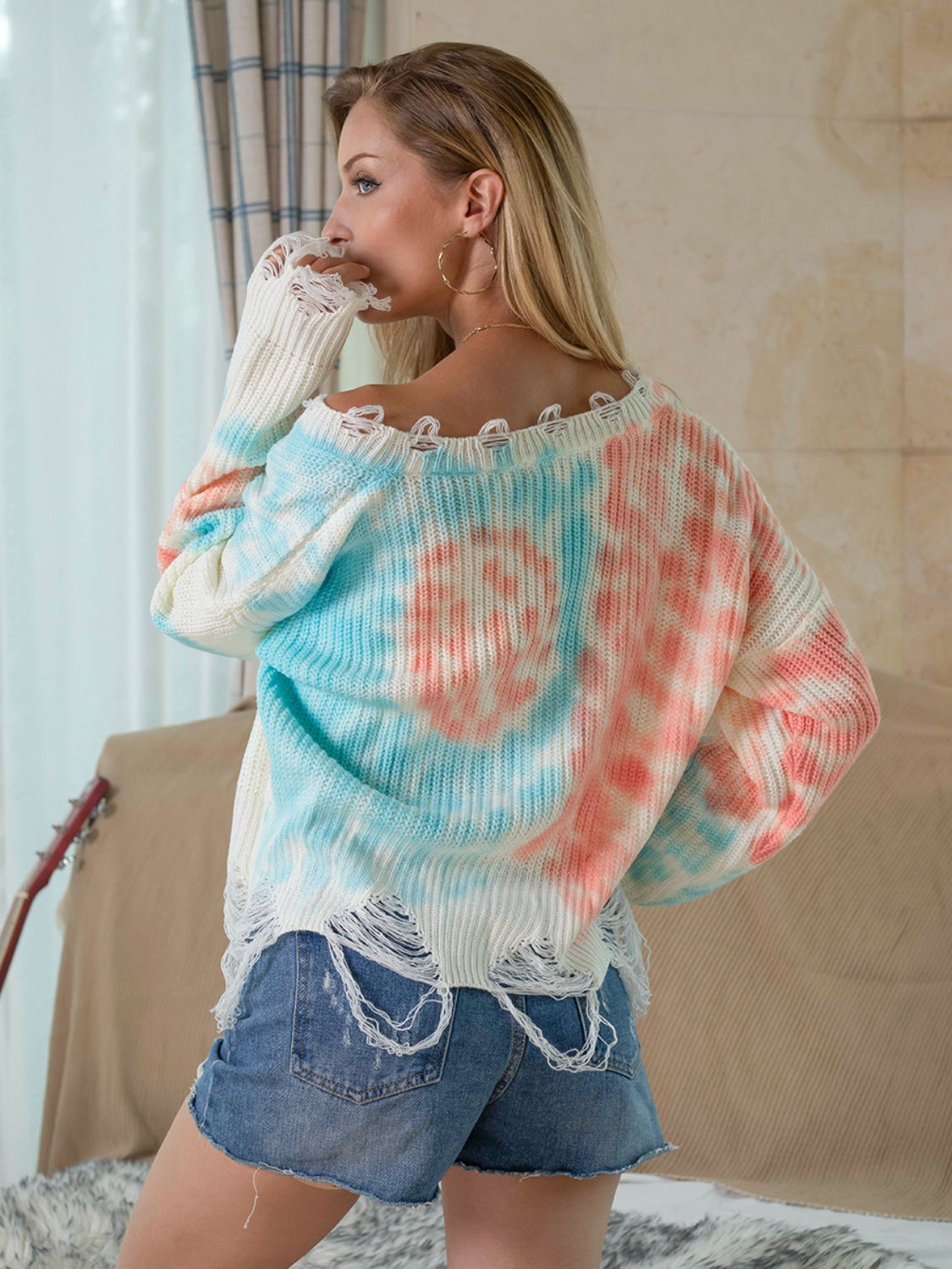 Shiny Tie-Dye V-Neck Long Sleeve Sweater