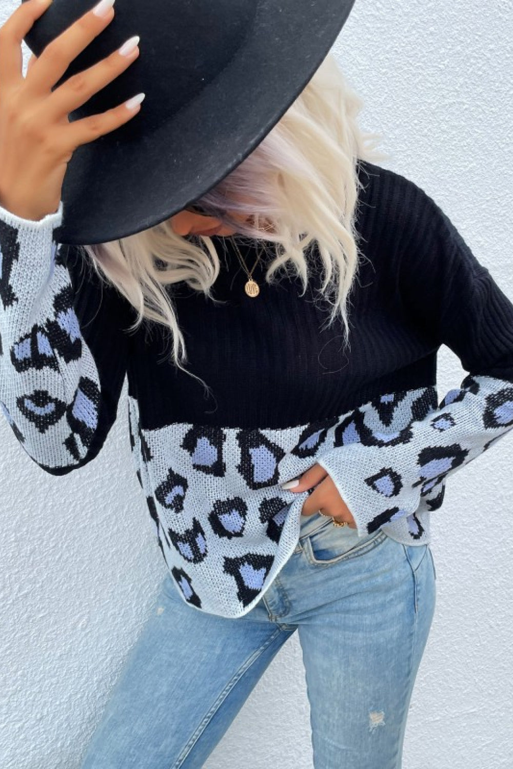 Perfee Leopard Color Block Sweater