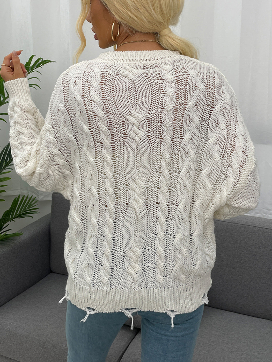 Shiny Openwork Distressed Long Sleeve Sweater