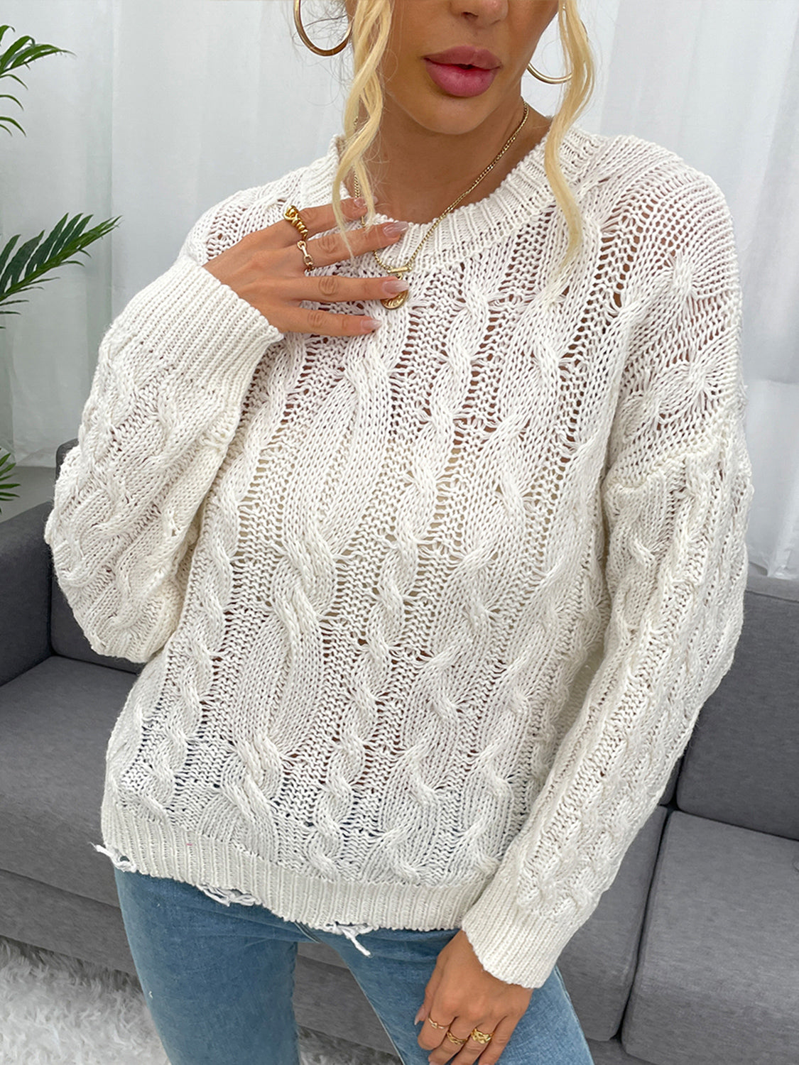 Shiny Openwork Distressed Long Sleeve Sweater