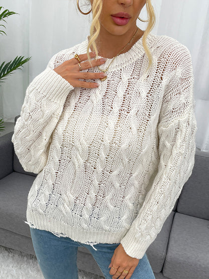 Shiny Openwork Distressed Long Sleeve Sweater