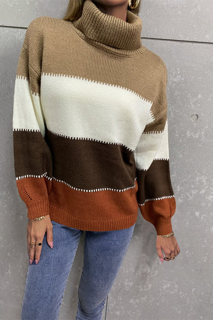 Angel Wings Color Block Lantern Sleeve Turtleneck Sweater