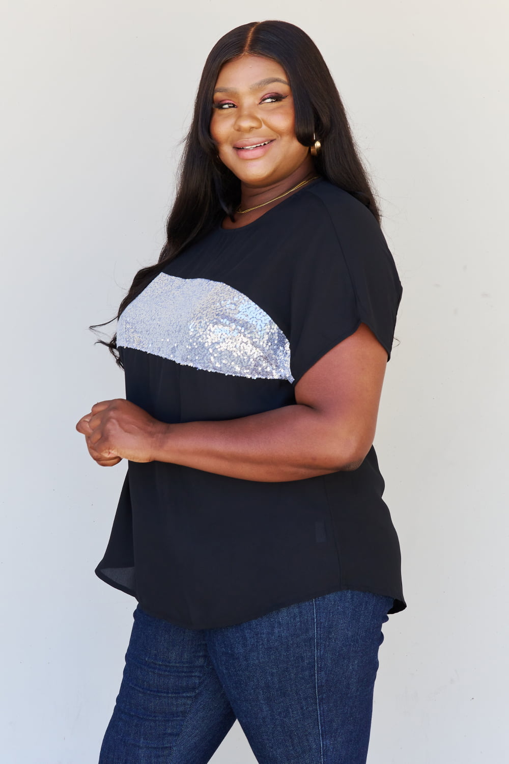 Sew In Love Shine Bright Full Size Center Mesh Sequin Top in Black/Silver