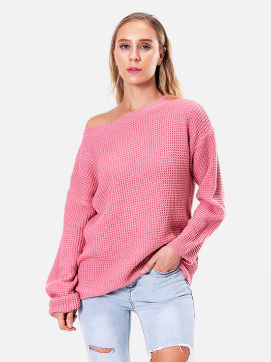 Boat Neck Drop Shoulder Long Sleeve Sweater