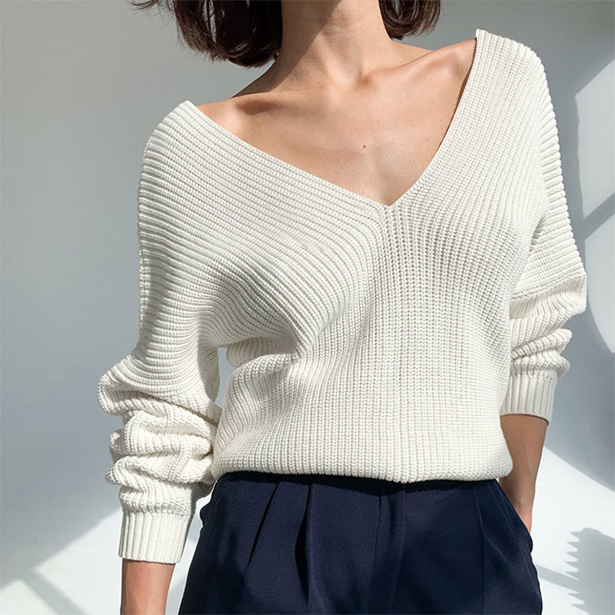 V-Neck Dropped Shoulder Long Sleeve Sweater