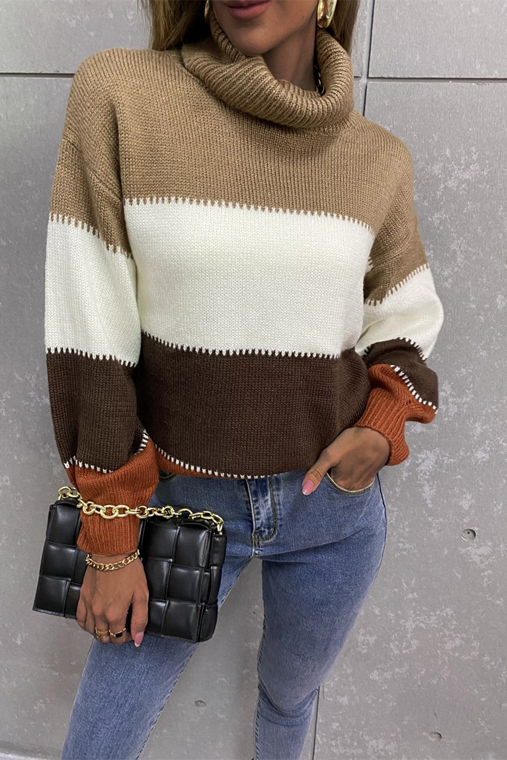 Angel Wings Color Block Lantern Sleeve Turtleneck Sweater