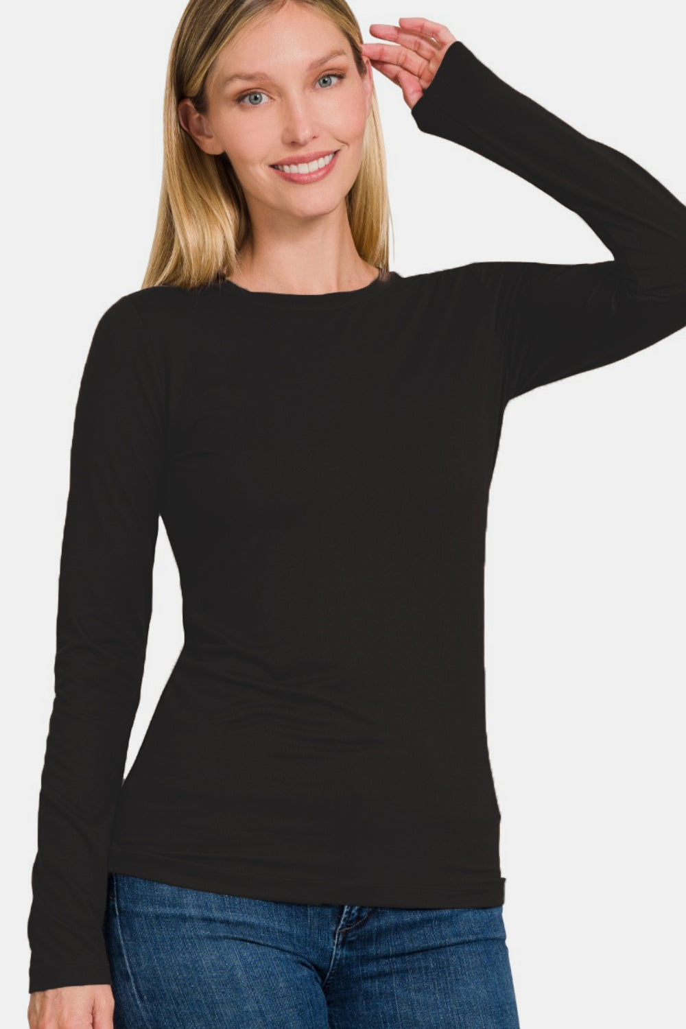 Zenana Full Size Brushed Microfiber Long Sleeve Round Neck T-Shirt