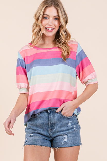 BOMBOM Striped Round Neck Half Sleeve T-Shirt