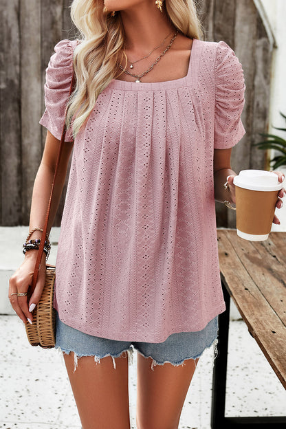 Devine Eyelet Square Neck Puff Sleeve T-Shirt