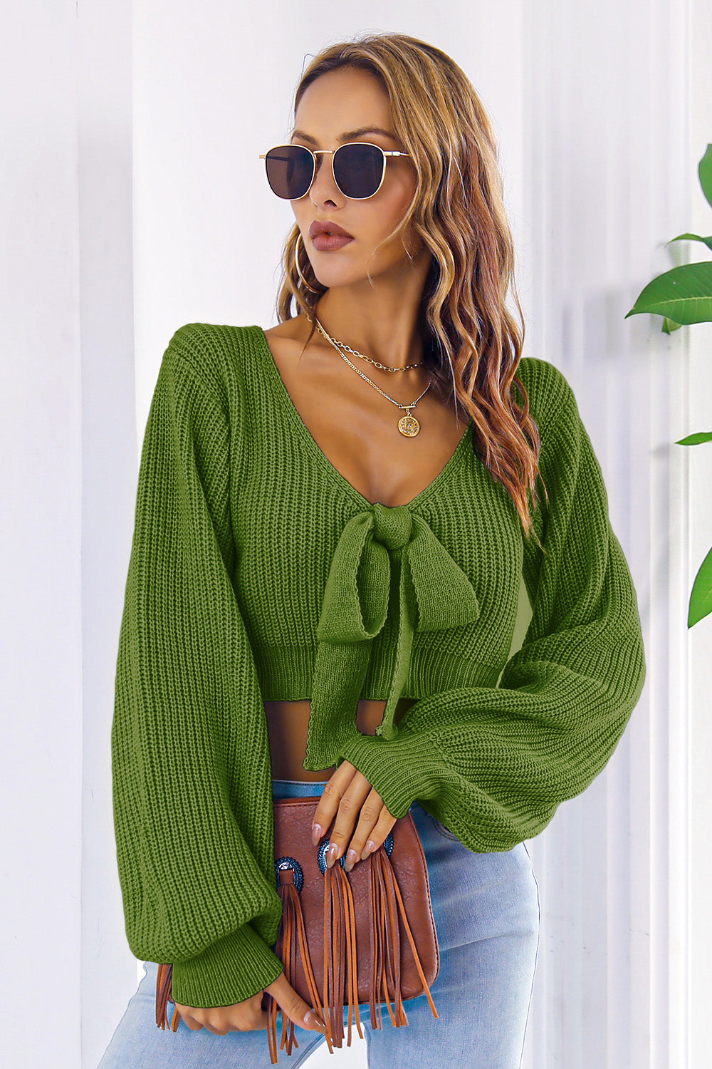 Bow V-Neck Long Sleeve Cropped Sweater