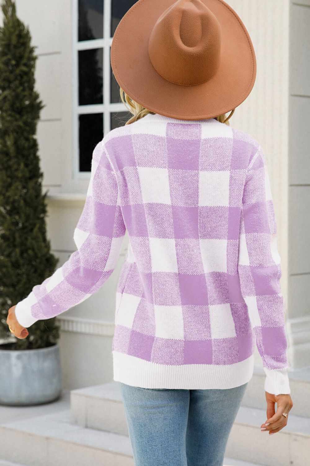 Angel Wings Checkered Ribbed Trim Knit Pullover