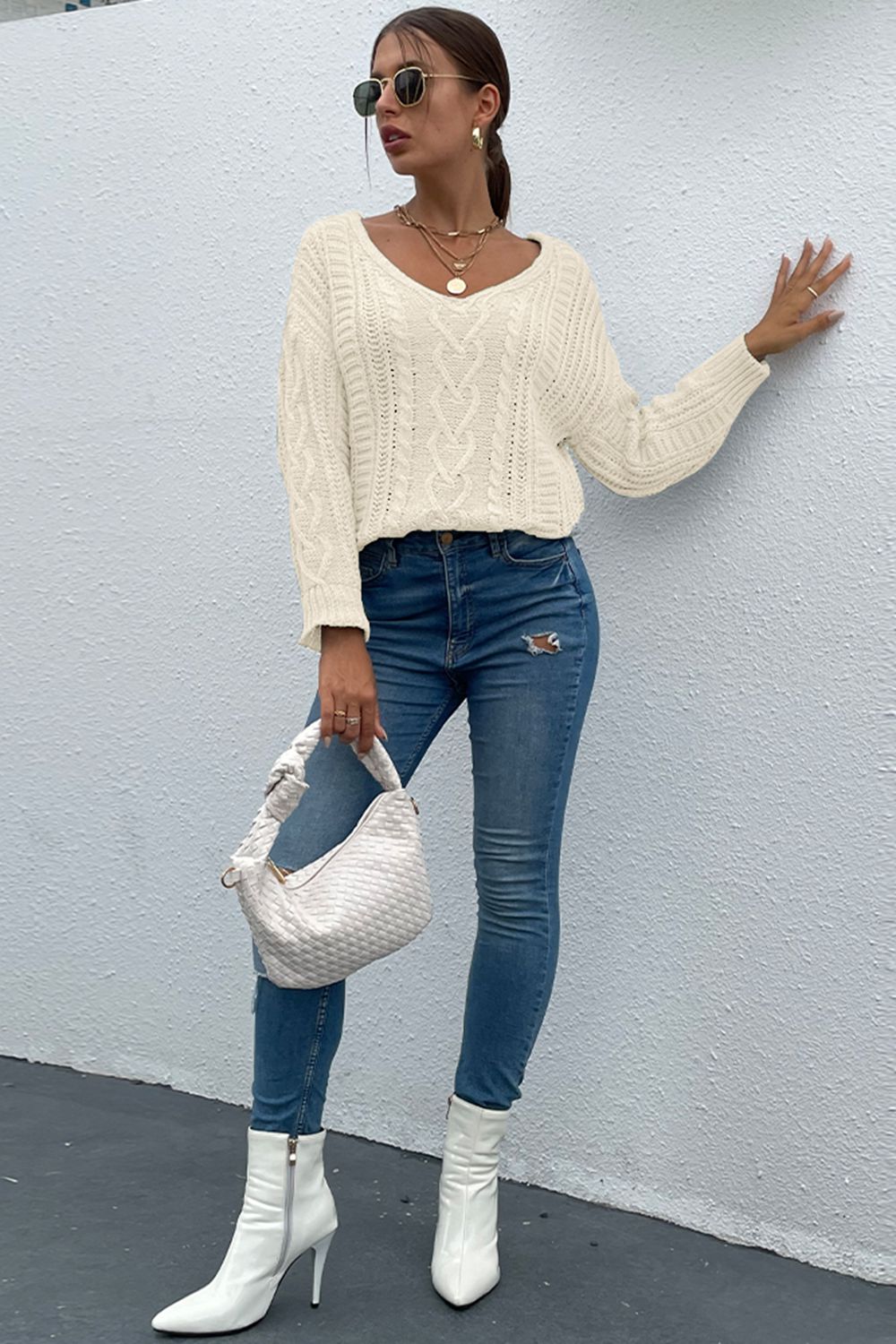 Shiny V-Neck Cable-Knit Long Sleeve Sweater