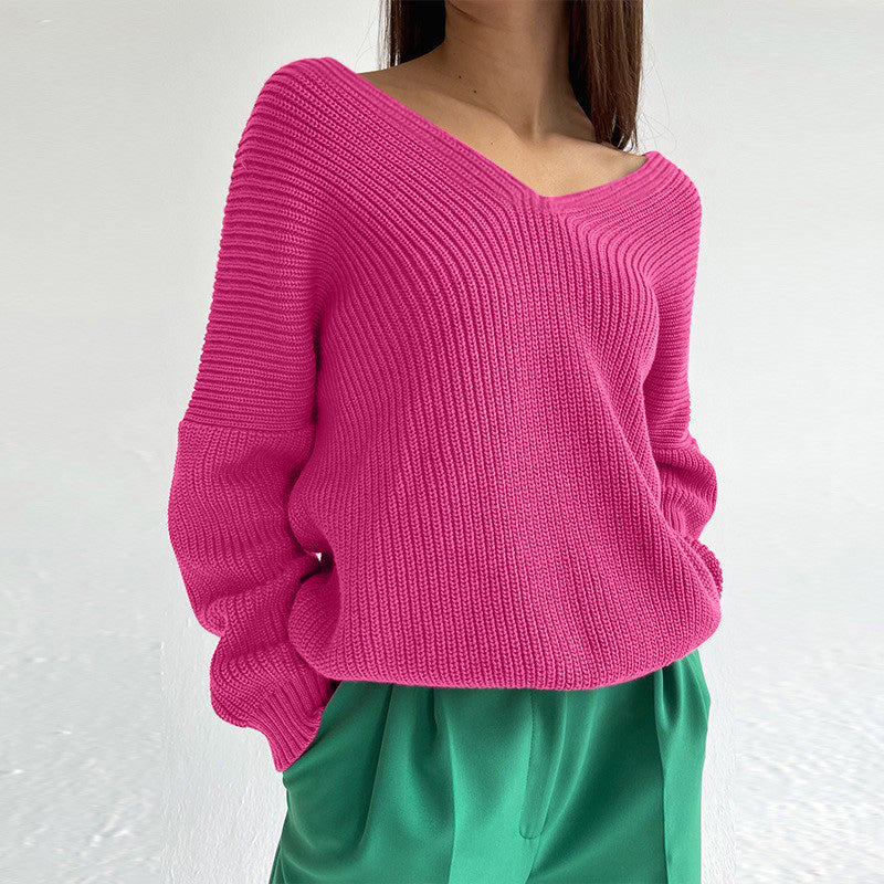 V-Neck Dropped Shoulder Long Sleeve Sweater