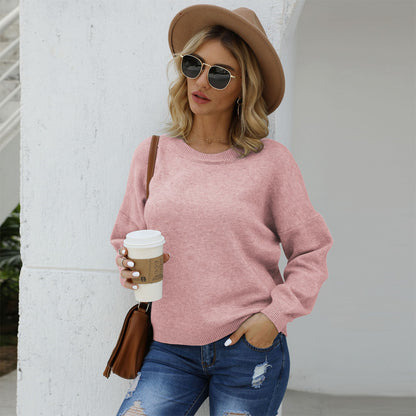 Shiny Round Neck Long Sleeve Drop Shoulder Sweater