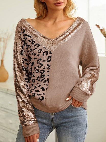 Leopard Sequin V-Neck Long Sleeve Sweater