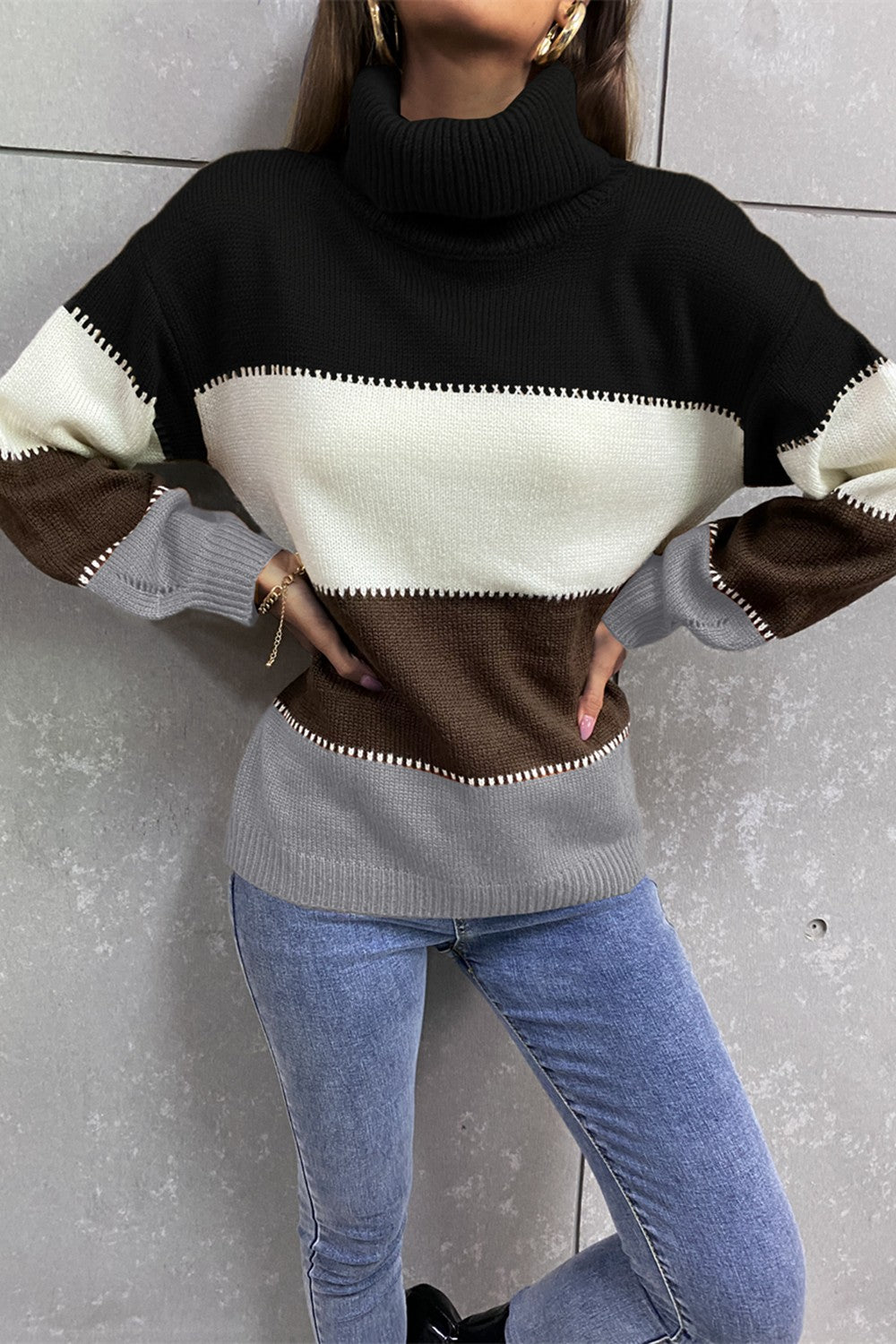 Angel Wings Color Block Lantern Sleeve Turtleneck Sweater