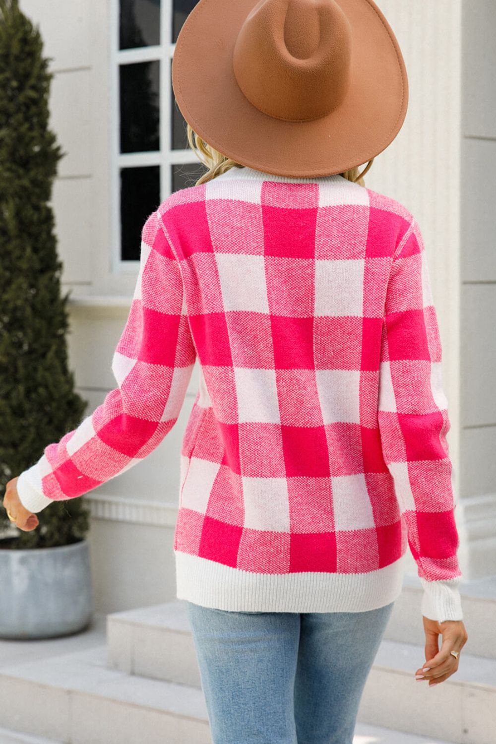 Angel Wings Checkered Ribbed Trim Knit Pullover