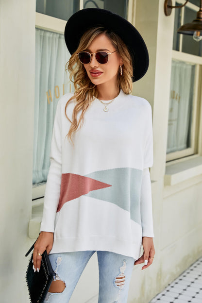 Woven Right Color Block Round Neck Side Slit Sweater