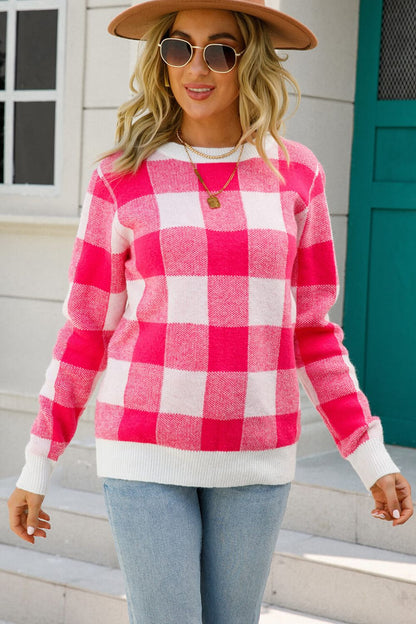 Angel Wings Checkered Ribbed Trim Knit Pullover