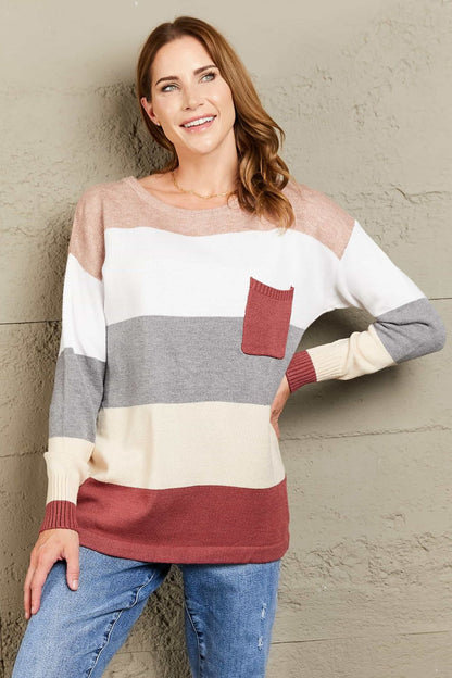 Woven Right Color Block Drop Shoulder Round Neck Sweater