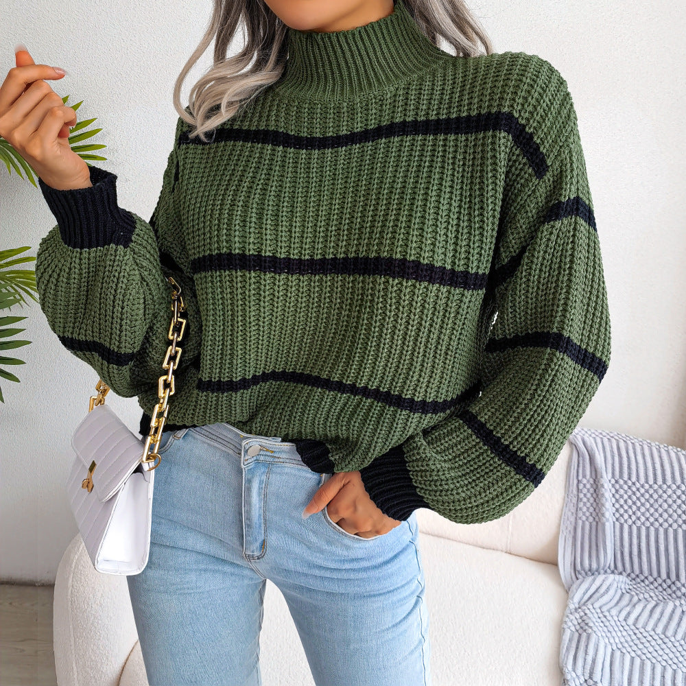 Striped High Neck Rib-Knit Lantern Sleeve Sweater