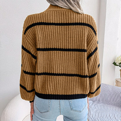 Striped High Neck Rib-Knit Lantern Sleeve Sweater