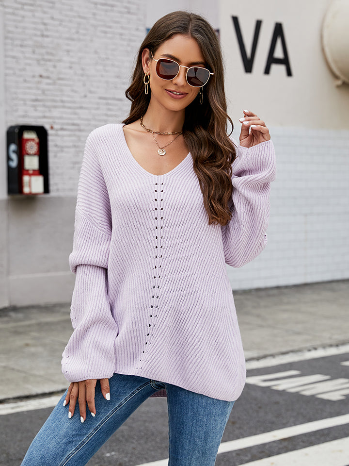 Openwork Dropped Shoulder Long Sleeve Sweater