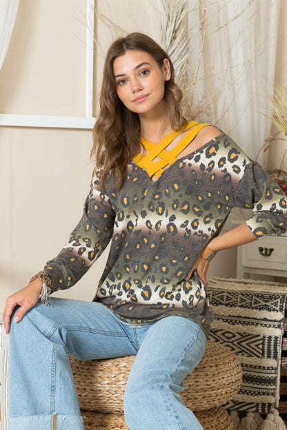 Celeste Full Size Leopard Long Sleeve T-Shirt with Braided Strap