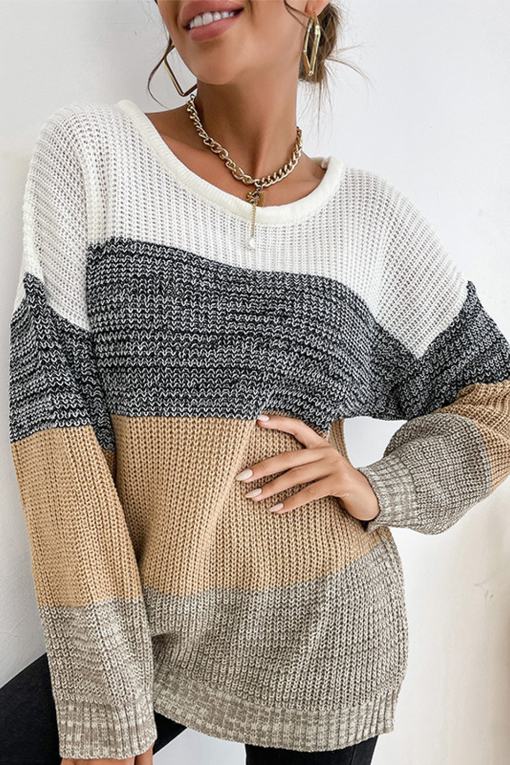 Perfee Striped Round Neck Long Sleeve Sweater