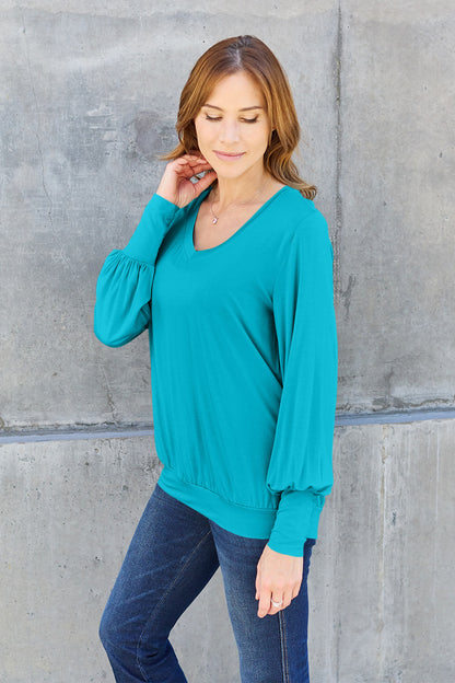 Basic Bae Full Size V-Neck Lantern Sleeve Top