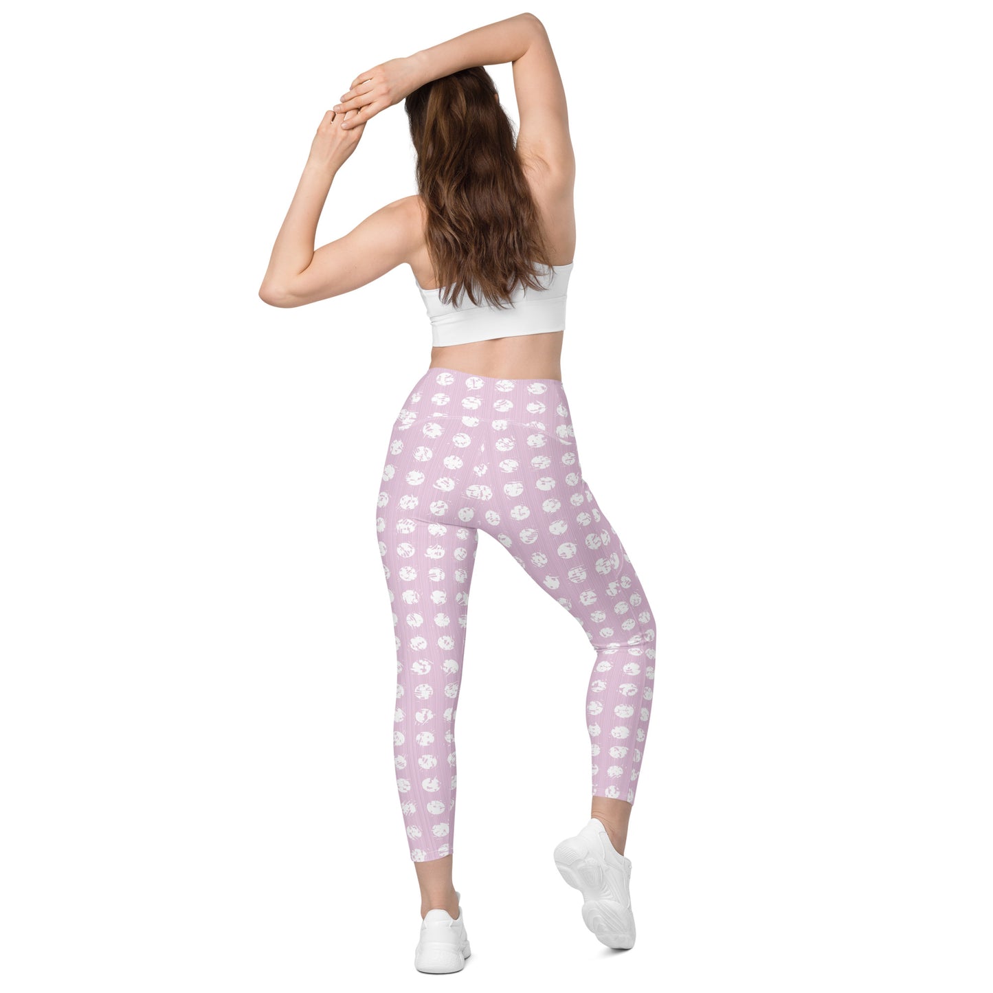 Women's White Polka Dot Pink Crossover Leggings with Pockets