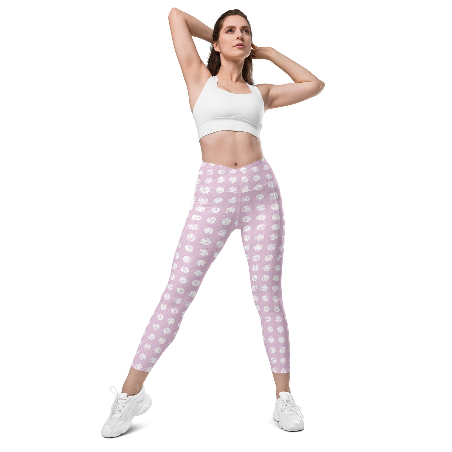 Women's White Polka Dot Pink Crossover Leggings with Pockets