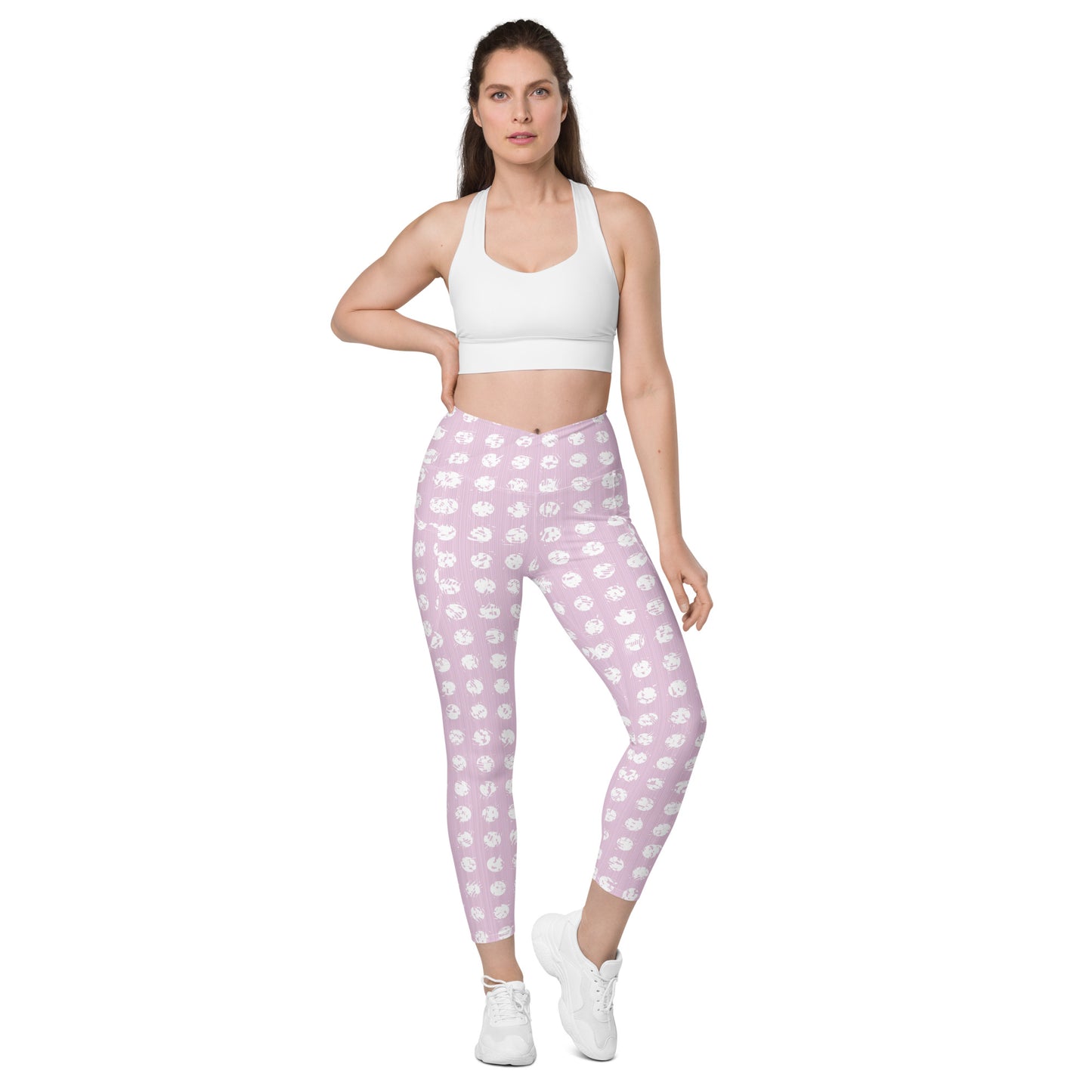 Women's White Polka Dot Pink Crossover Leggings with Pockets