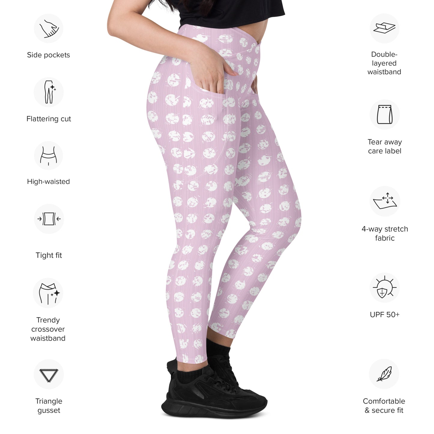 Women's White Polka Dot Pink Crossover Leggings with Pockets