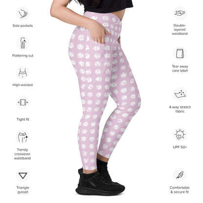 Women's White Polka Dot Pink Crossover Leggings with Pockets