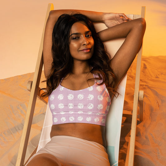 Women's White Polka Dot Pink Longline Sports Bra