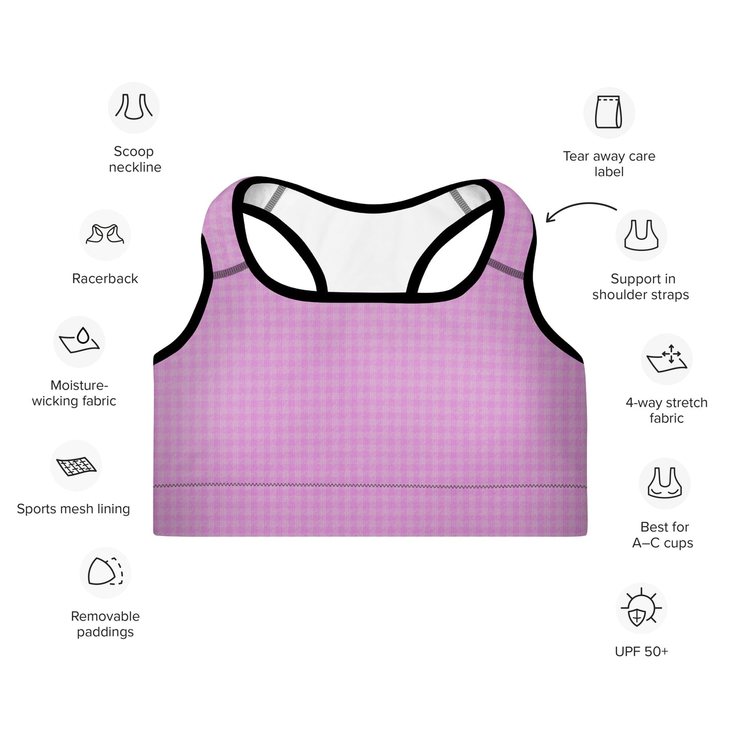 Women's Padded Sports Bra Pink Houndstooth-Gingham Mix