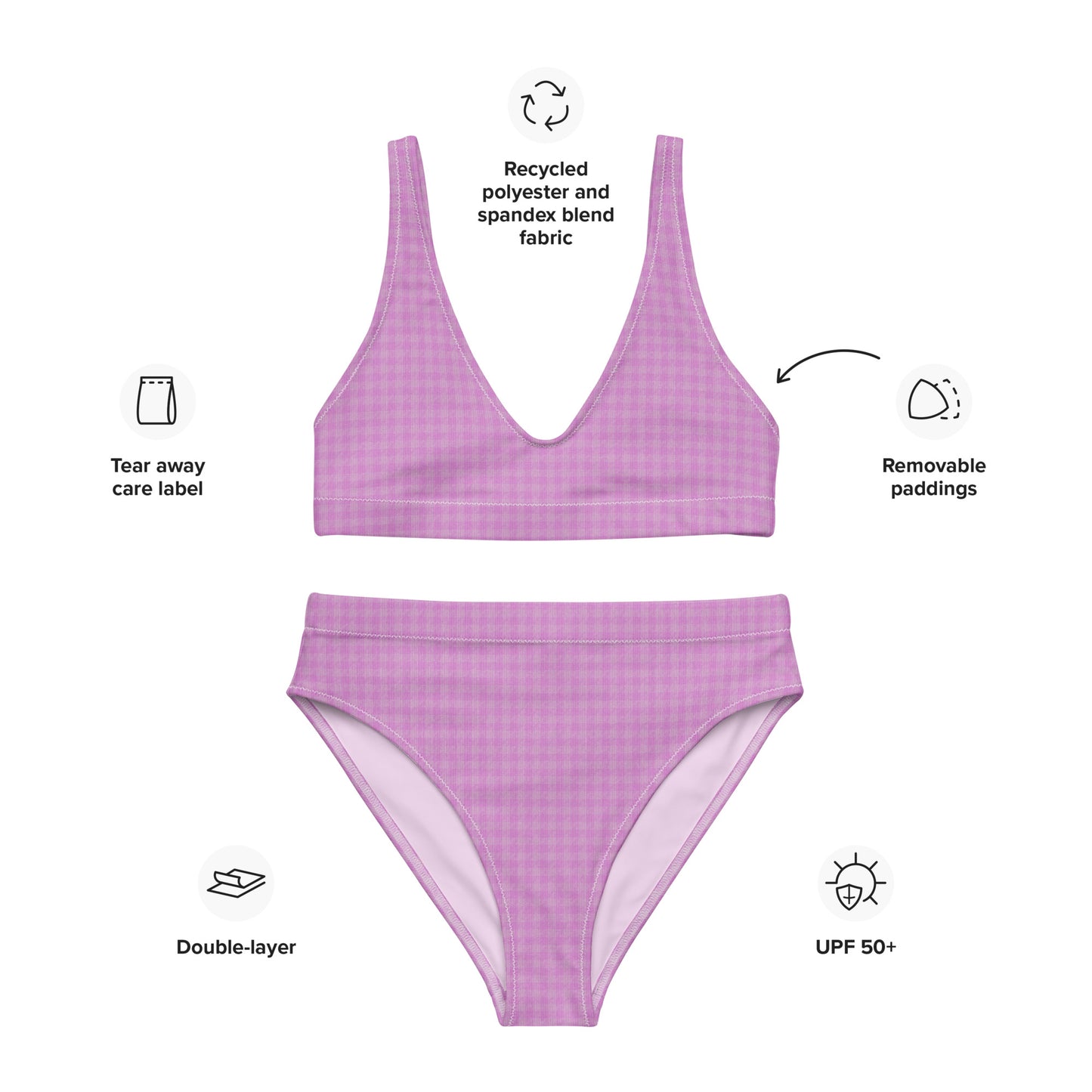 Women's Recycled High-Waisted Bikini Pink Houndstooth-Gingham Mix