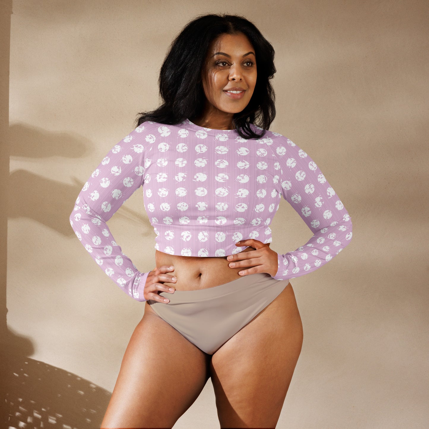 Women's White Polka Dot Pink Recycled Long-Sleeve Crop Top